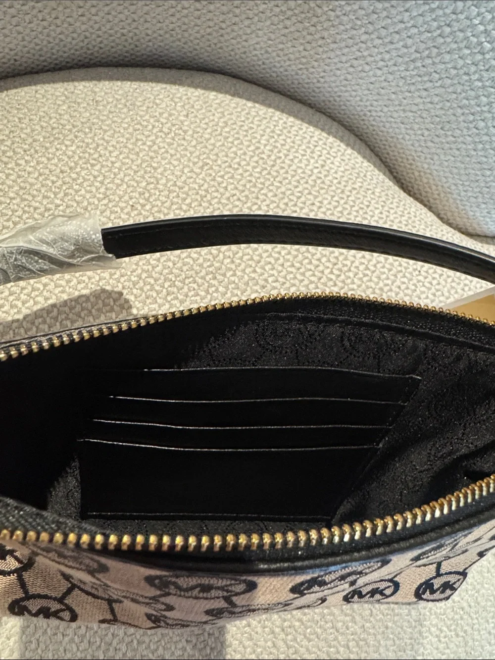 Michael Kors Beige & Black Monogram Jacquard Signature MK Wristlet